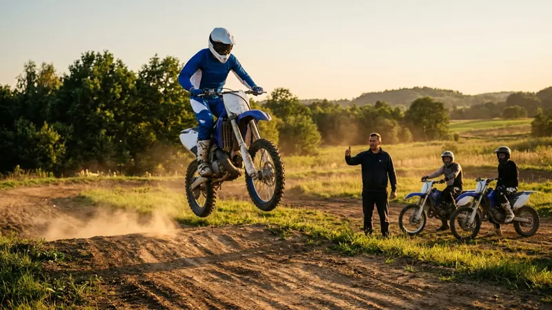 Trening motocross na torze: zawodnik skacze na hopce, instruktor obserwuje