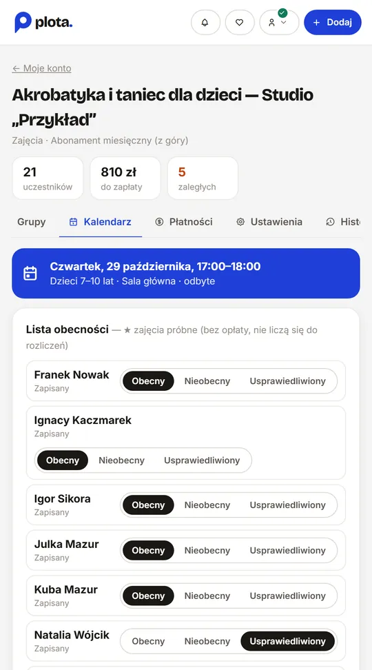 Lista obecności na zajęciach grupy z przełącznikami obecny, nieobecny, usprawiedliwiony — na telefonie (przykładowe dane)