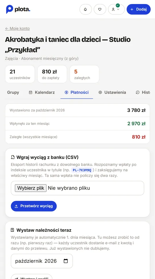 Płatności: suma wystawionych, wpłaty z wyciągu bankowego rozpoznane po indeksie, zaległości — na telefonie (przykładowe dane)