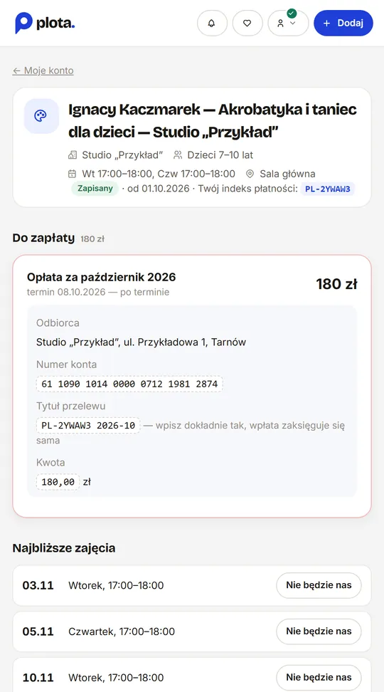 Telefon uczestnika: kwota, numer konta i tytuł przelewu do skopiowania (przykładowe dane)