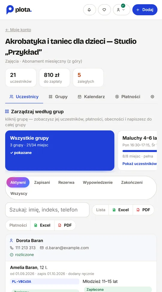 Lista uczestników z grupami, statusem zapisu, płatnością i kontaktem — na telefonie (przykładowe dane)