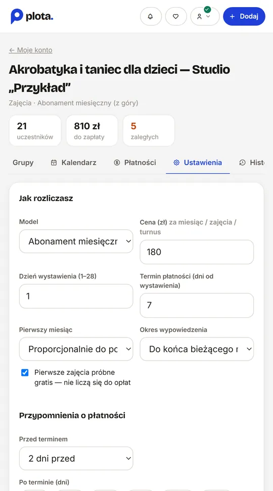 Ustawienia rozliczeń: model, cena, termin, przypomnienia o płatności i dane do przelewu — na telefonie (przykładowe dane)